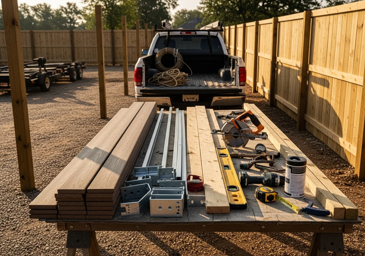 Outdoor construction site showing completed deck and fence installations with tools and materials staged for ongoing work.