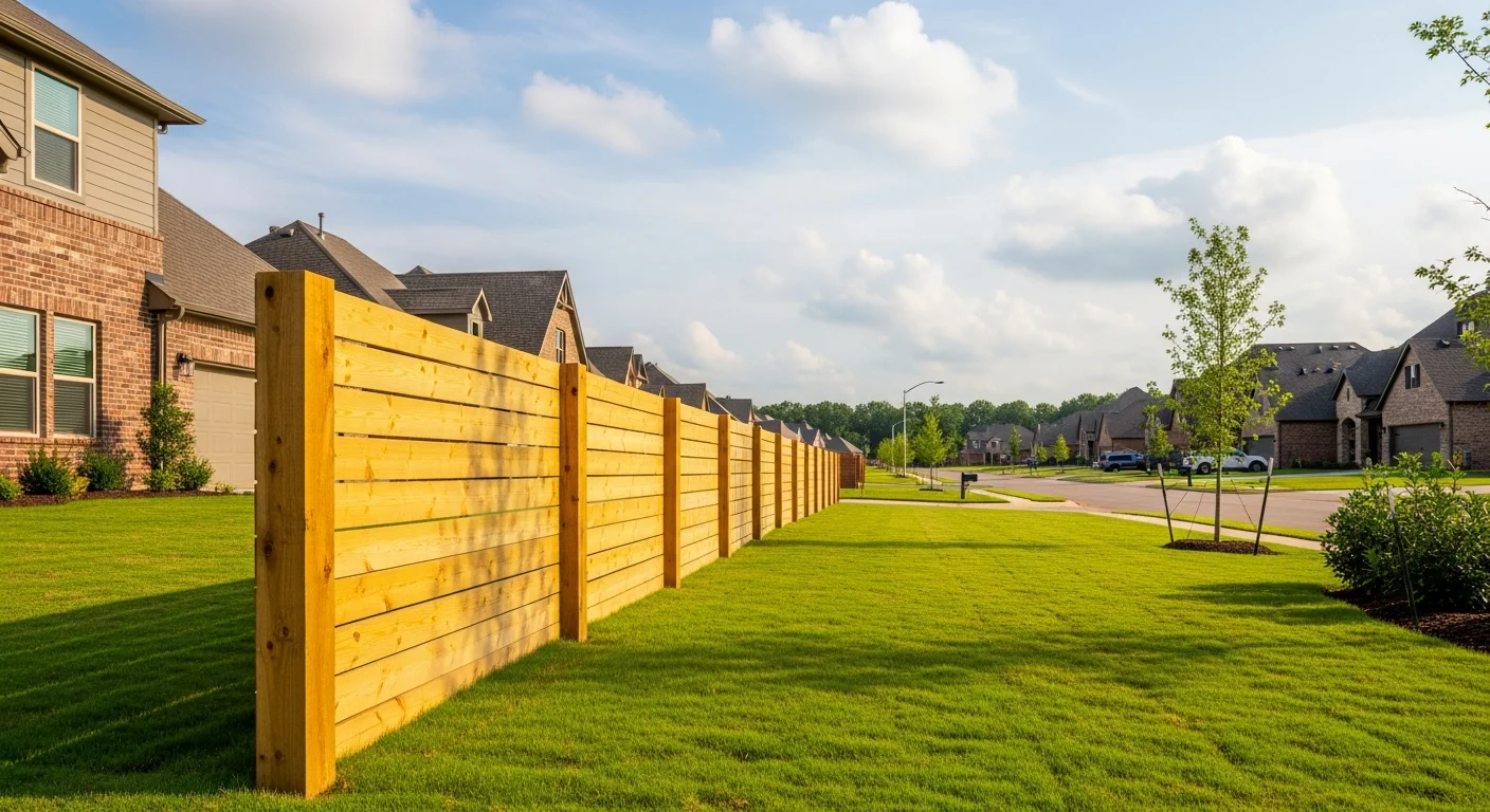 Suburban Mustang street with new residential homes and green landscaping under clear Oklahoma sky.
