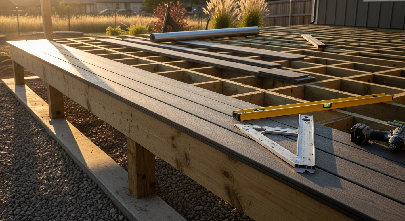 A newly installed composite deck attached to the back of a single-story home in Mustang, Oklahoma, featuring clean board lines, a railing system, and an open backyard view. The deck surface shows no weathering, with even board spacing and a finished stair section leading to the yard.