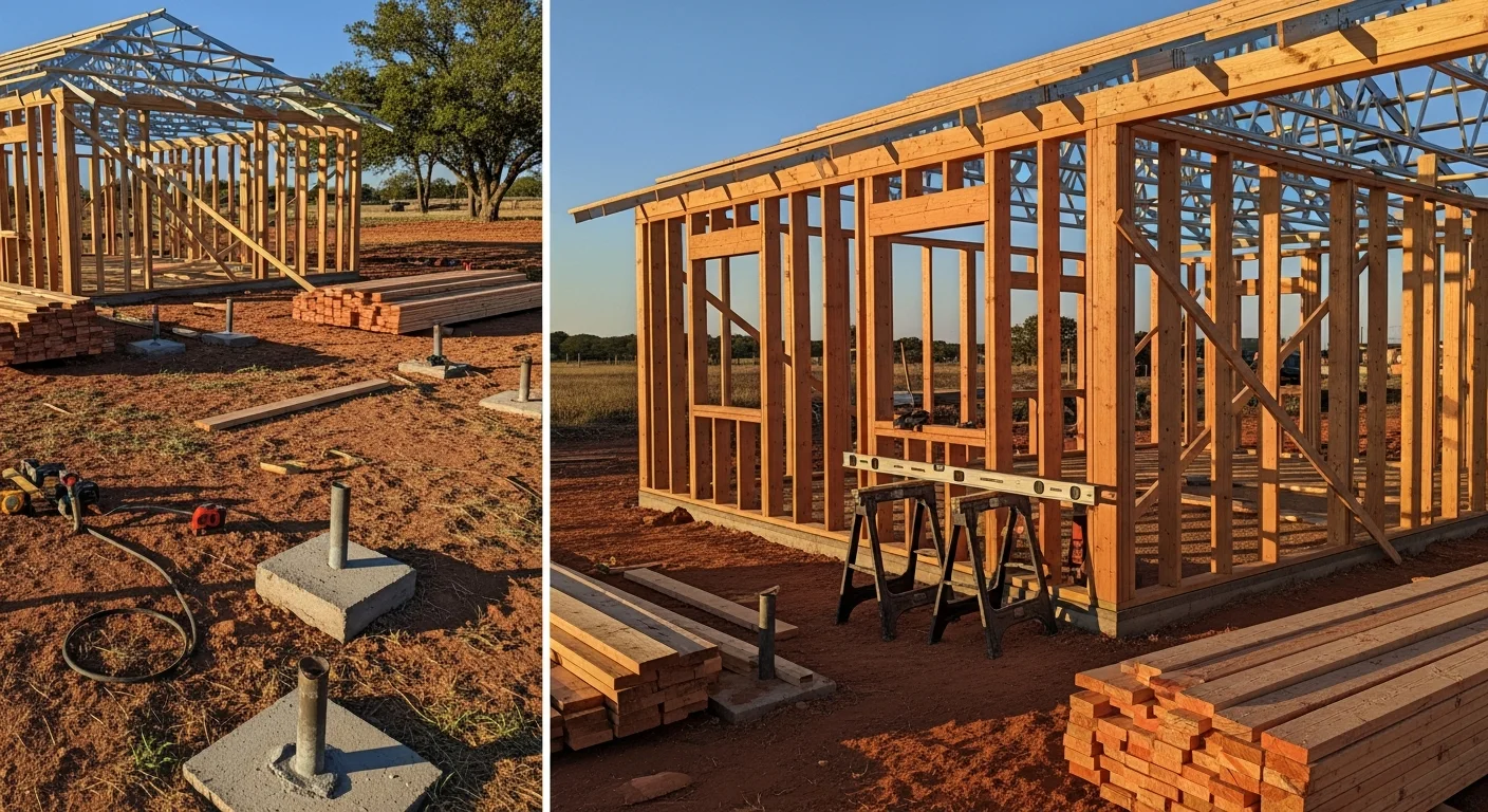 A finished custom outdoor building on a residential property in Mustang, Oklahoma, with a clear-span interior and wood-framed exterior set against an open backyard. The structure sits on a level concrete pad with double doors facing the yard.