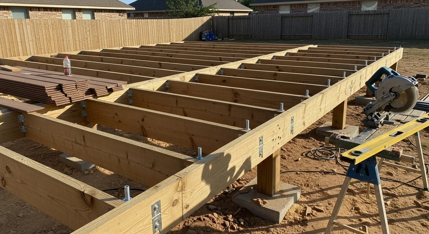 A newly installed wood deck attached to the back of a single-family home in Mustang, Oklahoma, with painted railings and steps leading to a backyard lawn. The deck shows clean framing, evenly spaced decking boards, and a level surface ready for outdoor furniture.