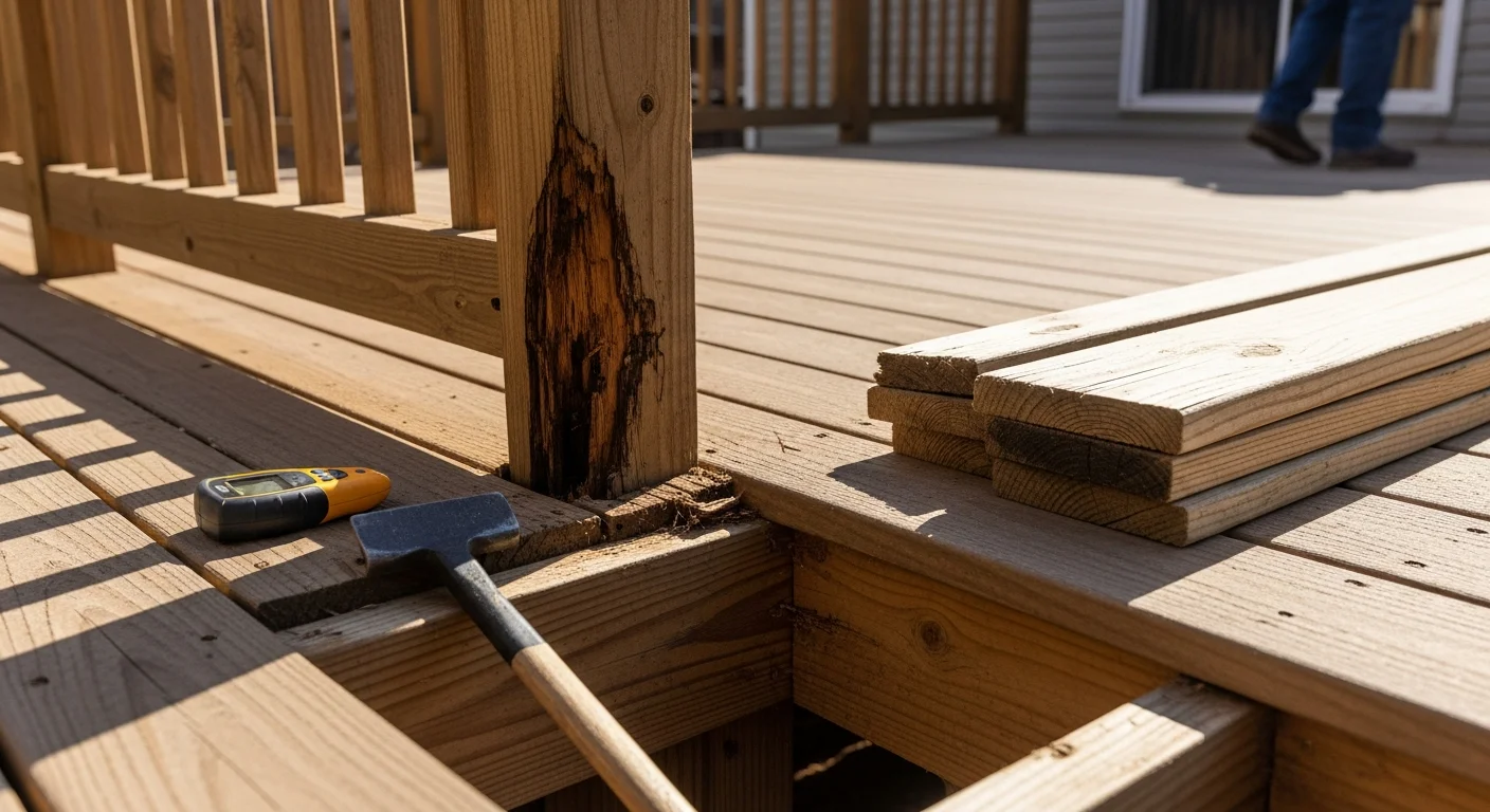 A repaired residential deck with replaced decking boards and secure railings on a single-family home in Mustang, Oklahoma. The deck shows clean, even boards and solid post connections typical of suburban homes in the area.