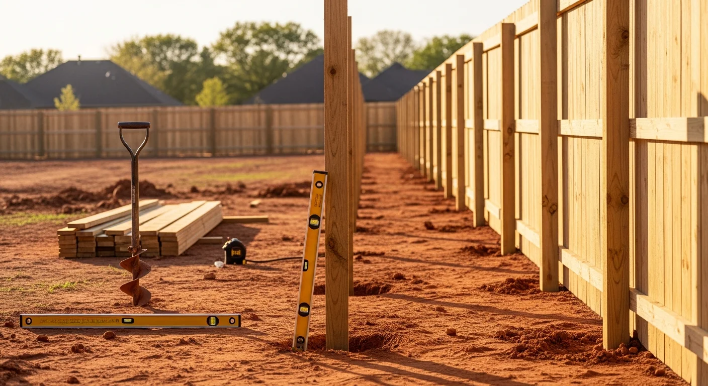 A newly installed wood privacy fence along the backyard of a single-family home in Mustang, Oklahoma. The fence runs along a flat residential lot with a clear property line and a gate entry on one side.