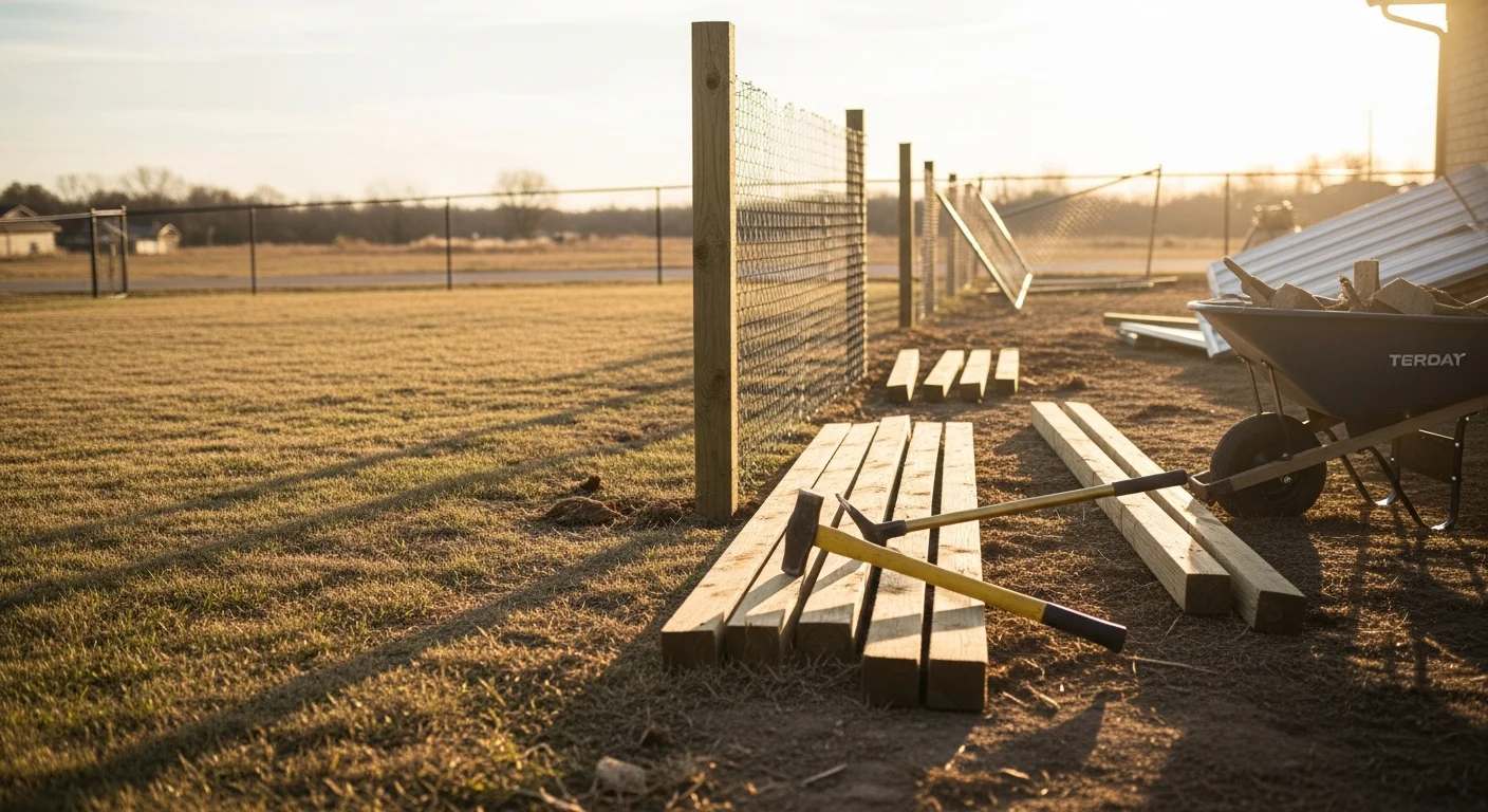 Old wooden privacy fence being removed from a residential backyard in Mustang, Oklahoma, with posts pulled and panels stacked for hauling. Cleared yard visible behind the tear-out area, ready for a new fence installation.