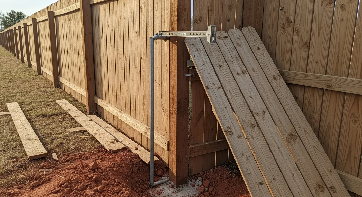 A repaired wood privacy fence with a freshly reset post and replaced panels in the backyard of a single-family home in Mustang, Oklahoma. The repaired section blends with the existing fence line, with a latched gate visible at the yard entrance.