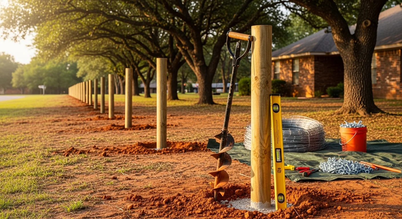 A newly installed wood privacy fence along the backyard property line of a single-family home in Mustang, Oklahoma. The fence features straight posts and uniform panels, replacing a previously damaged and leaning fence line.
