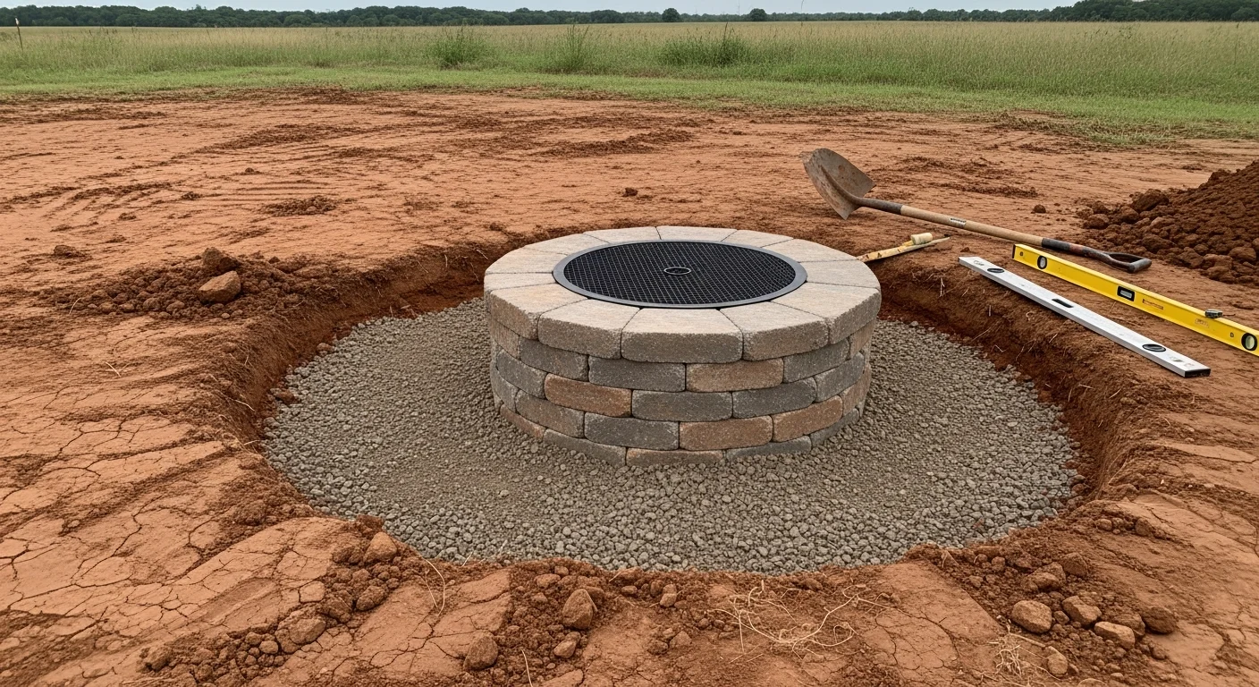 A built-in stone fire pit installed in a Mustang, Oklahoma backyard, surrounded by a hardscape patio and open lawn. The fire pit is centered in the outdoor space with noncombustible stone construction and a clean, finished edge.