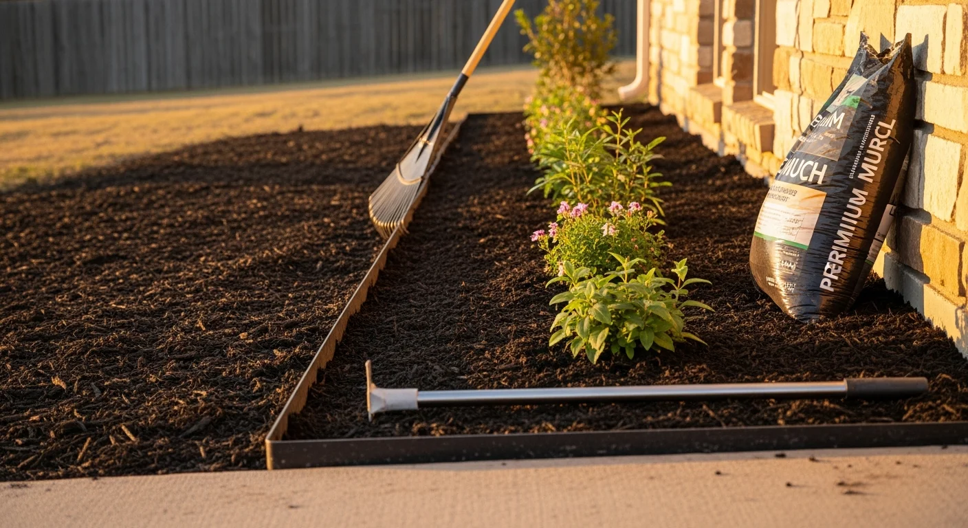 Freshly installed residential flower bed along a home foundation in Mustang, Oklahoma, with clean edging, dark mulch, and newly planted greenery. The bed runs the length of the front facade on a newer single-family home with a clear lawn border separating turf from planted area.