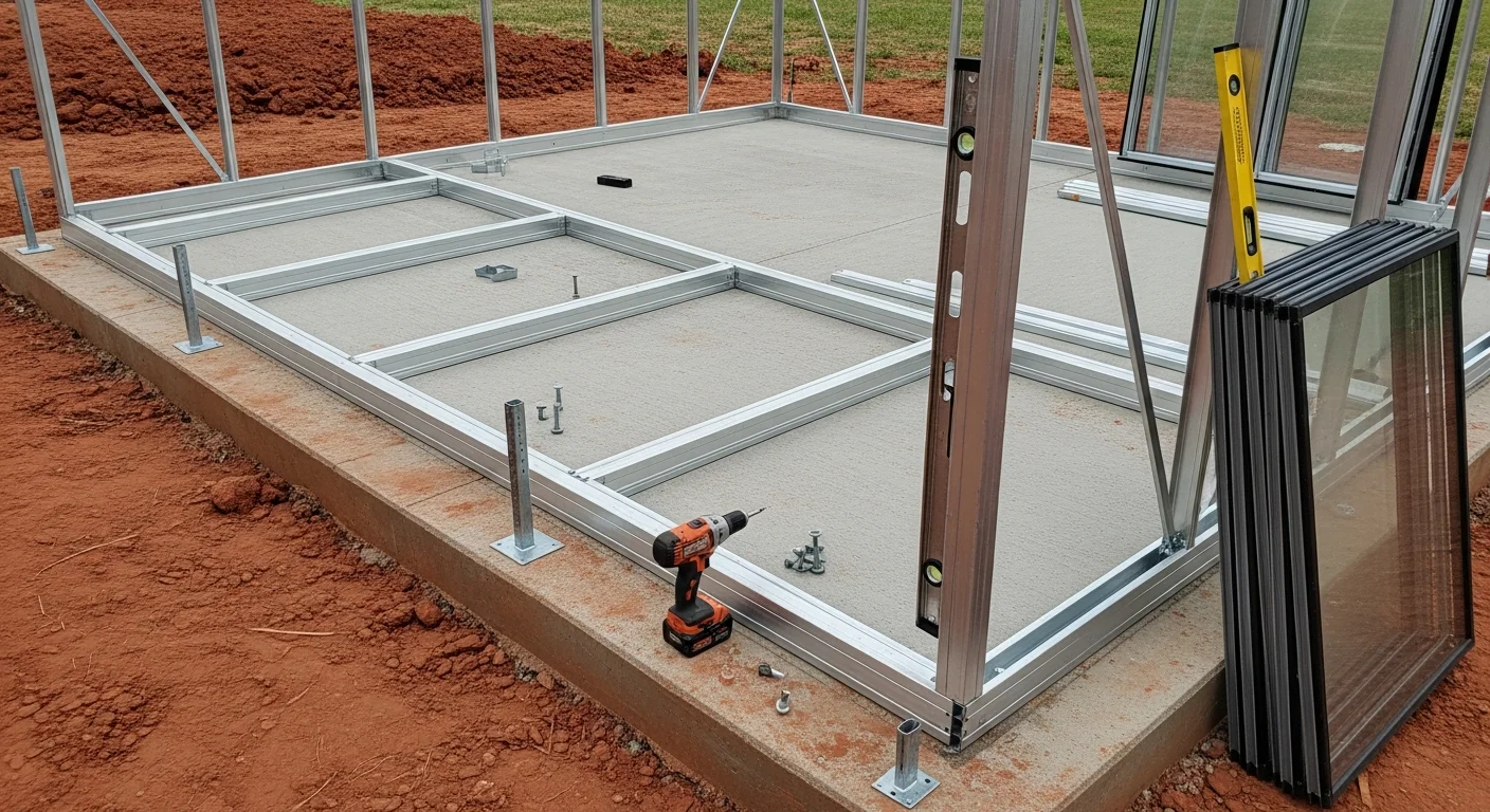 A freestanding greenhouse installed in a Mustang, Oklahoma residential backyard, with a framed panel structure anchored on a prepared base. The surrounding yard shows a typical Oklahoma suburban property with open sky and residential fencing in the background.