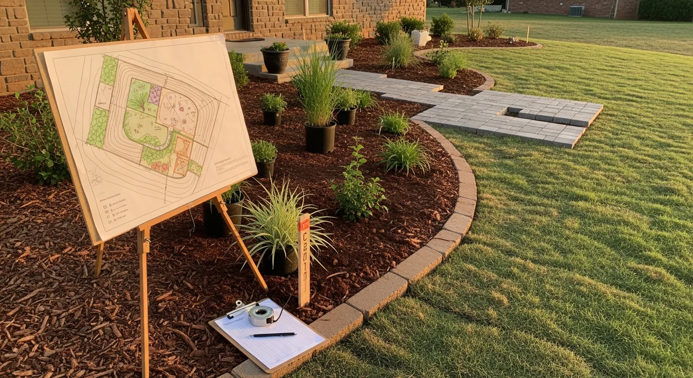 A professionally designed residential backyard in Mustang, Oklahoma, featuring defined planting beds, drought-tolerant ground cover, and a clean hardscape border along a single-family home. The layout reflects a planned design built for Oklahoma's clay soil and summer heat conditions.