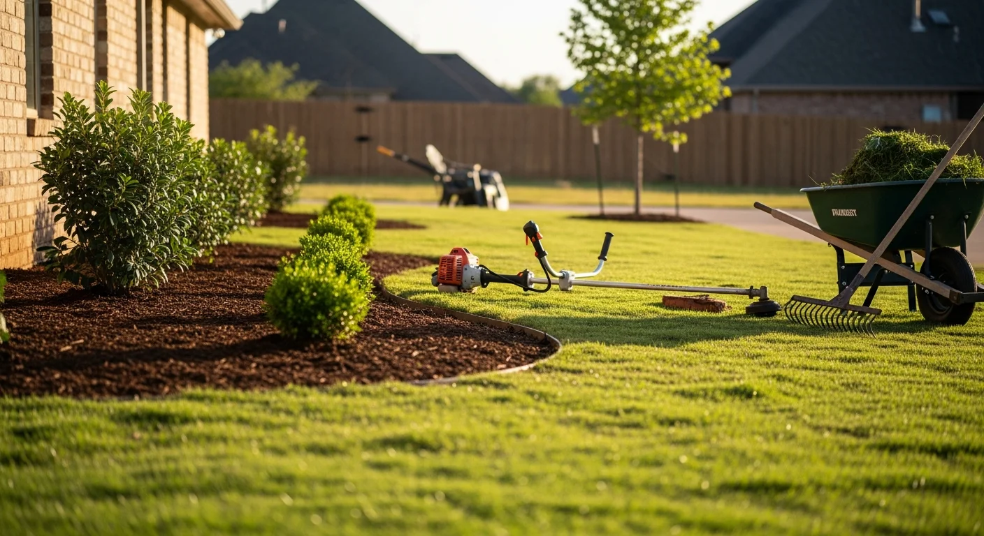 A well-maintained residential lawn in Mustang, Oklahoma with cleanly edged turf, trimmed shrubs, and tidy landscape beds along the front of a suburban home. Prime Fencing landscape maintenance crew working on a Mustang property during a clear Oklahoma day.