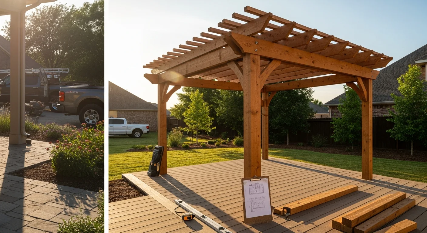 A custom pergola and shade structure in the backyard of a residential home in Mustang, Oklahoma, with an open yard and clear sky visible beyond. The structure is proportioned to fit a mid-sized suburban lot typical of Mustang neighborhoods.