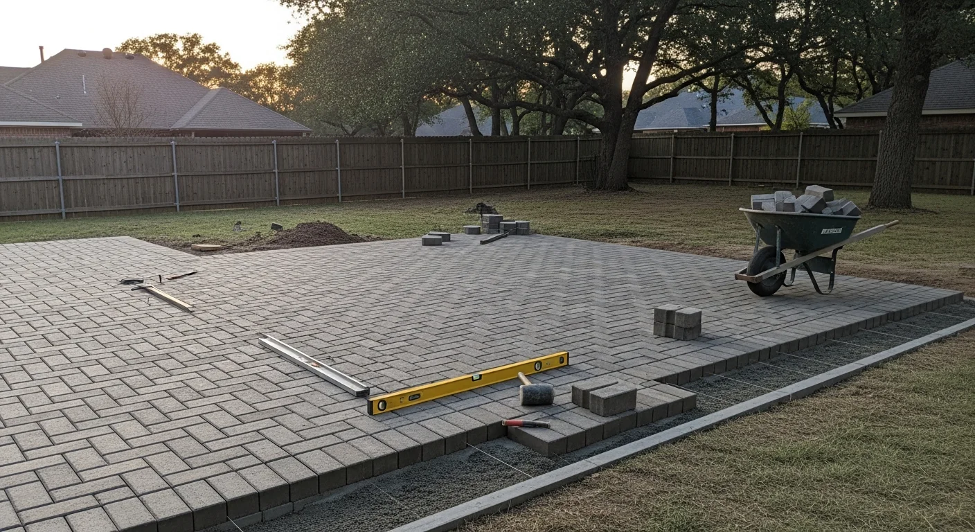 A finished concrete patio installed in a Mustang, Oklahoma backyard, showing a level surface with clean edges adjacent to a single-family home. The open yard setting reflects the residential lot sizes typical of Mustang neighborhoods.