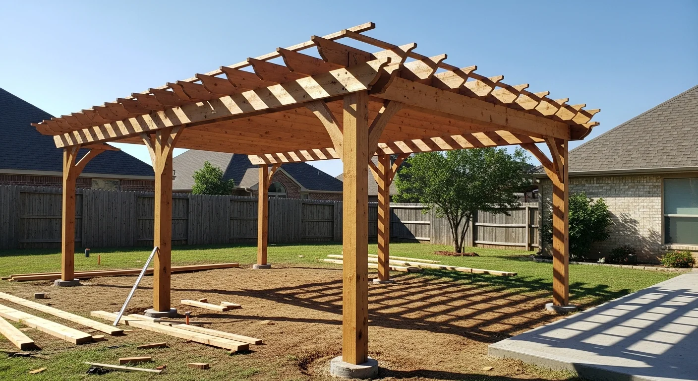 A custom wood pergola installed over a backyard patio in Mustang, Oklahoma, with anchored corner posts, open beam rafters, and a clear view of the surrounding yard. The structure provides overhead shade while maintaining an open-air feel suited to the Oklahoma climate.