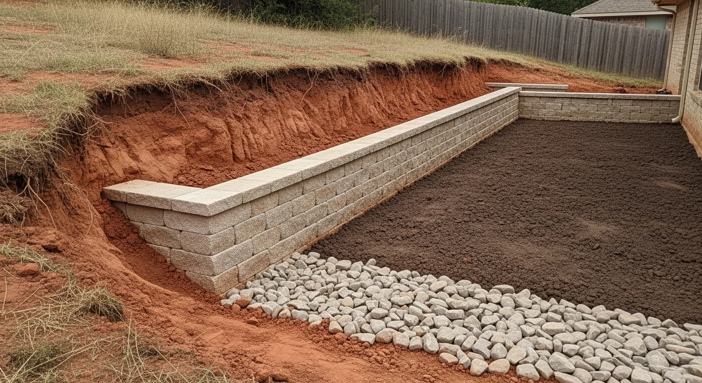 A finished block retaining wall installed along a sloped residential backyard in Mustang, Oklahoma, with level ground above the wall and a clean gravel drainage line at the base. The wall runs parallel to a wood fence line on a typical Mustang suburban lot.