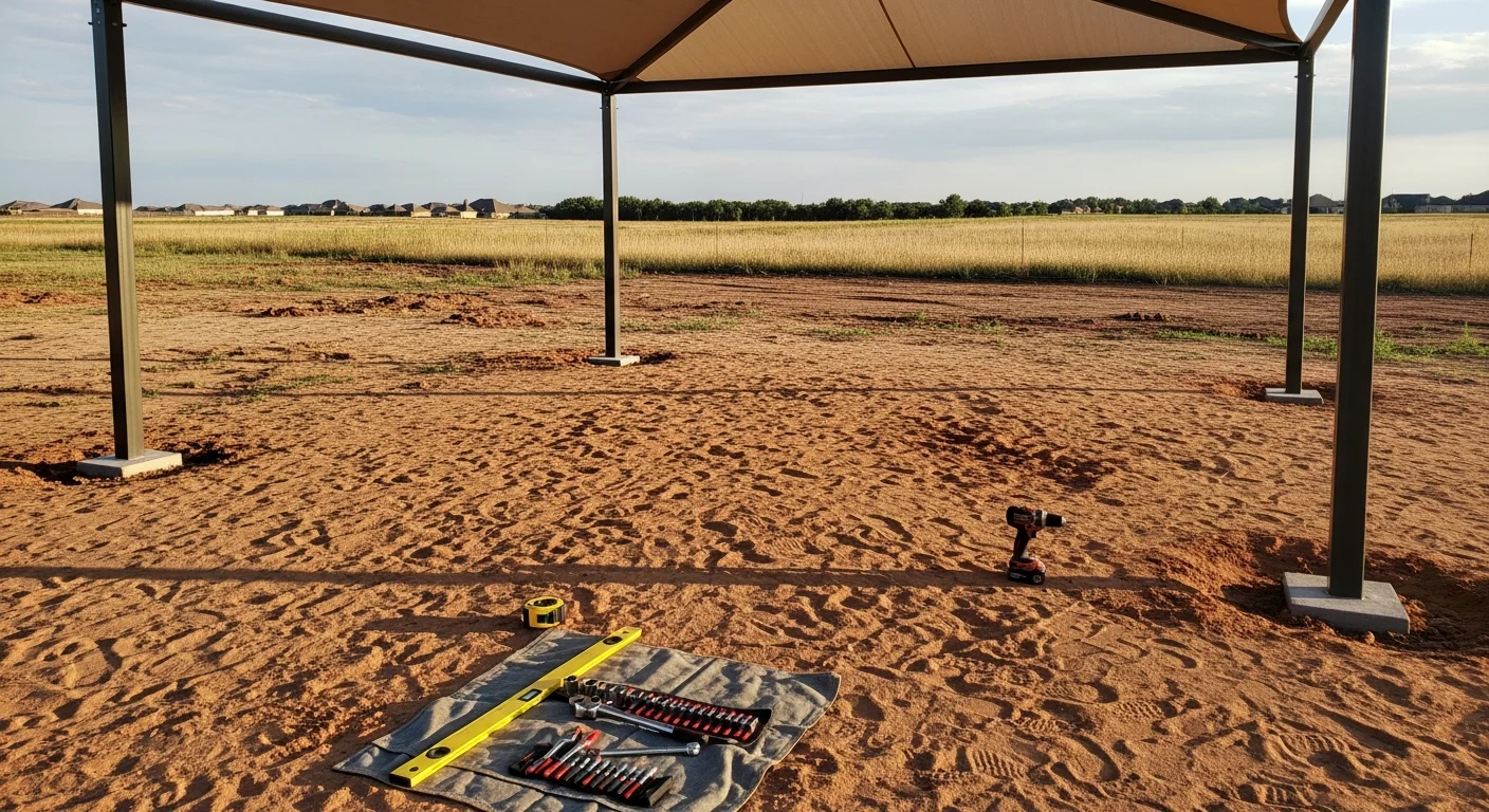 A custom shade structure installed over a backyard patio in Mustang, Oklahoma, providing overhead coverage on a large residential lot. The structure is anchored to a concrete pad with open sides and a solid overhead frame suited for Oklahoma's sunny, windy conditions.