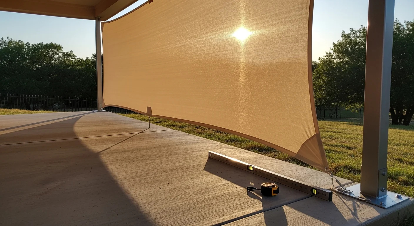 A professionally installed sun shade sail stretched over a residential backyard patio in Mustang, Oklahoma, with anchored posts and tensioned fabric providing full coverage over outdoor seating. The structure is set against a clear summer sky typical of the Oklahoma City metro area.